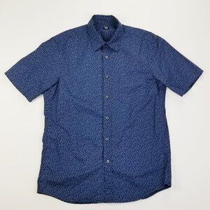 Uniqlo Medium Men's Navy Blue & Powder Blue Pattern Short Sleeve Cotton Shirt